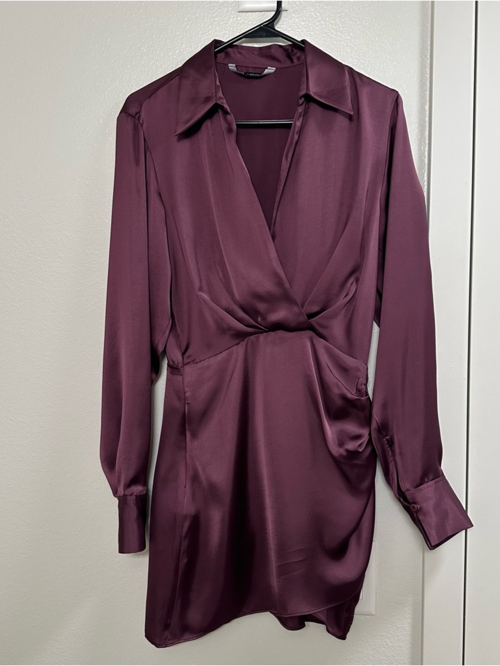 Zara Satin Plum Long Sleeve Wrap Dress